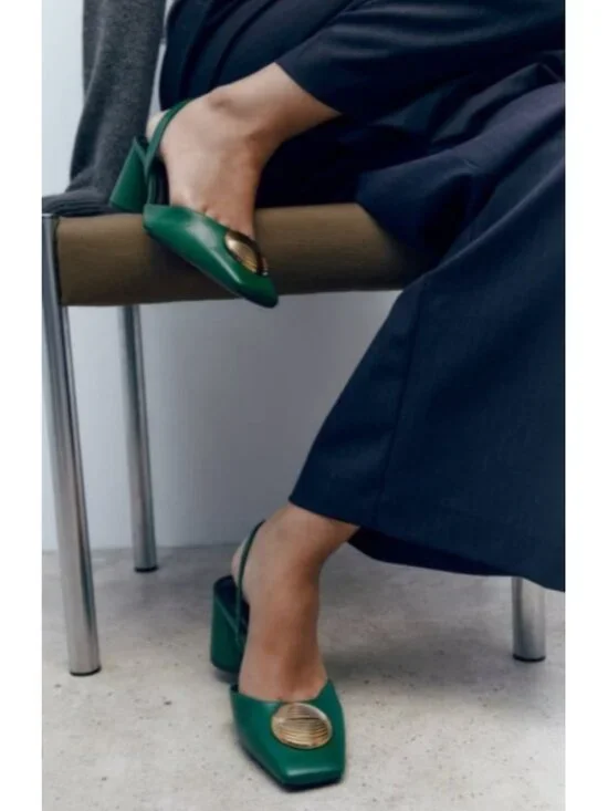 ZARA Green Leather Slingback Heels Gold Medallion Block Heel Women’s EU 41 US 10 - Picture 3 of 15